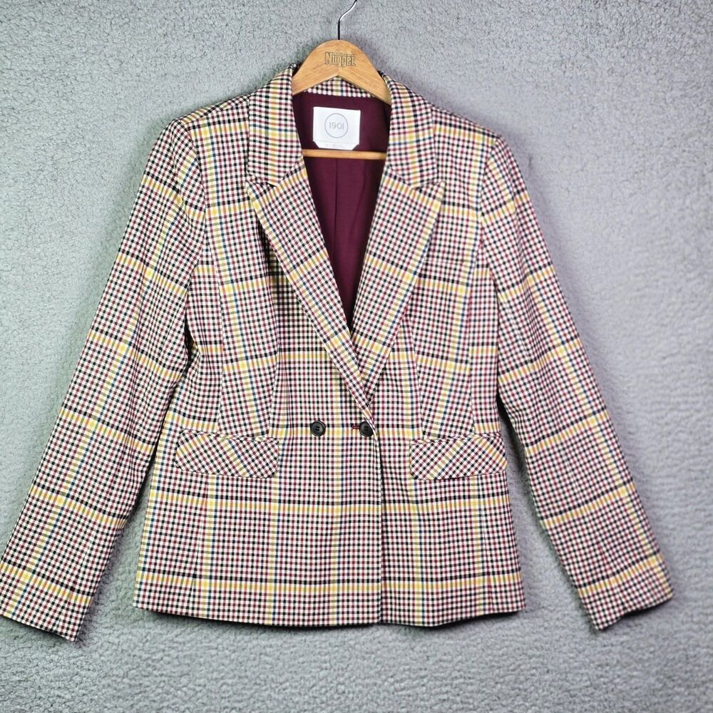 1901 Blazer Tan Burgundy Glen Plaid Notched Lapel Stretch Lined Size 10